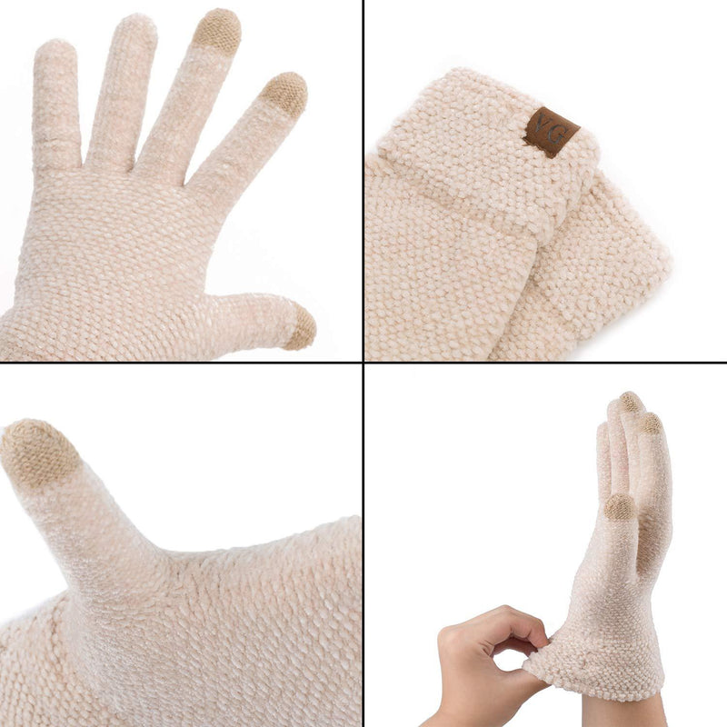 Women's Winter Touch Screen Gloves Chenille Warm Cable Knit 3 Touchscreen Fingers Texting Elastic Cuff Thermal Gloves Beige