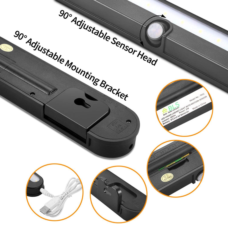 T01LB LED Closet Light - BLS Super Bright 20 LED Under Cabinet Lighting Battery Powered / DC Input Wireless Motion Sensing Light, Motion & Light Sensor, Light Beam Adjustable, Black(2 Pack) 6000 Kelvin Clean White-2 Pack (Black)