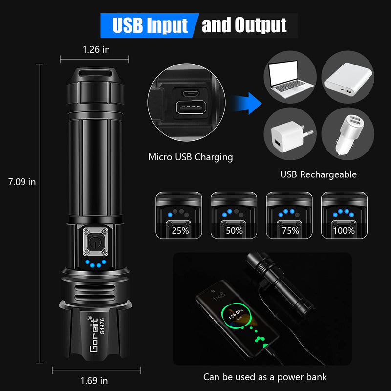 Flashlight High Lumens Rechargeable, Goreit 20000 Lumen Led Flashlights XHP70.2 USB Super Bright Flash Light, High Powered Handheld Flashlights for Emergencies Camping, IP67 Waterproof, Zoomable Black