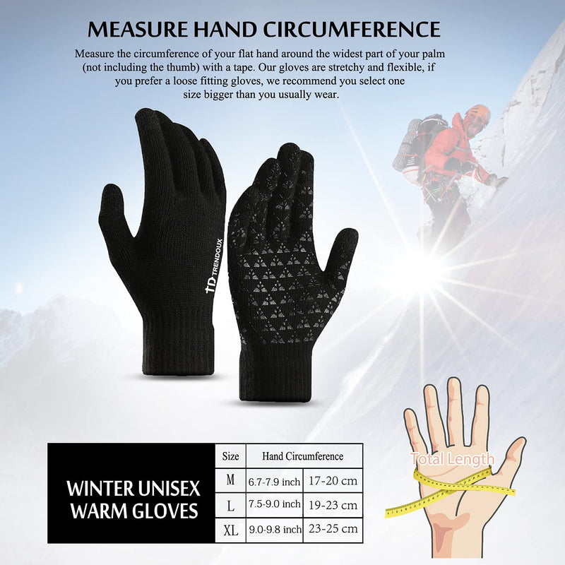 TRENDOUX Winter Gloves for Men and Women - Upgraded Touch Screen Anti-Slip Silicone Gel - Elastic Cuff - Thermal Soft Wool Lining - Knit Stretchy Material Black Medium