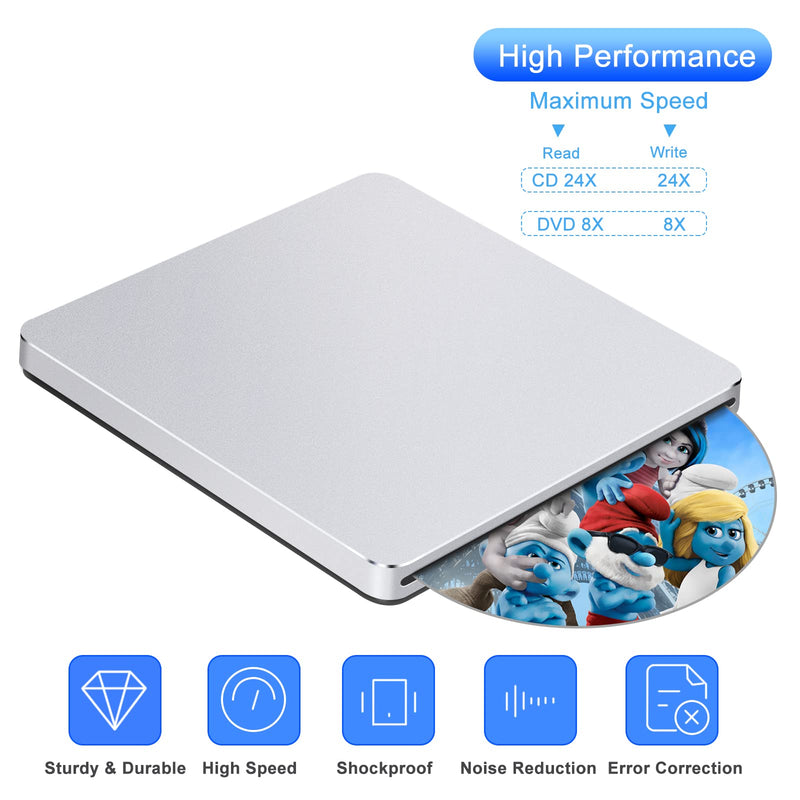 Guamar External CD/DVD Drive,USB Type C CD DVD Burner CD ROM Disc Reader Writer, Portable Optical CD/DVD +/-RW Drive DVD Player for Laptop Mac Desktop PC Windows 11 Apple MacBook Matte Silver