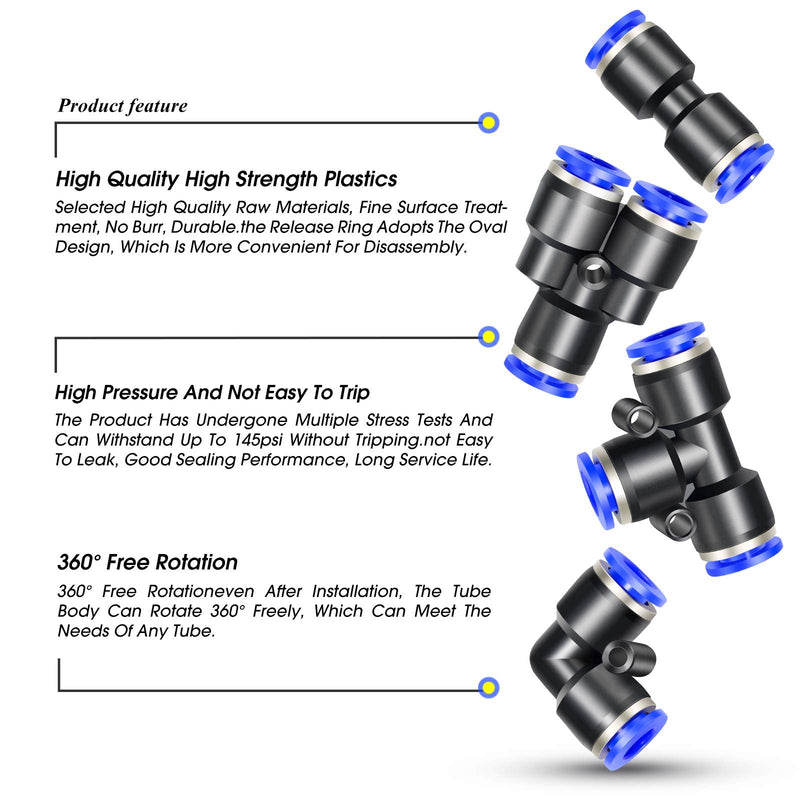 TAILONZ PNEUMATIC 1/4 Inch od Push to Connect Fittings Pneumatic Fittings Kit 2 Spliters+2 Elbows+2 tee+2 Straight (8 pcs) 1/4"OD Blue 8