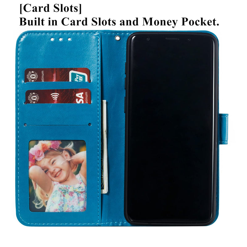 EYZUTAK Mandala Case for Samsung Galaxy S8, Premium Leather Flip Wallet Card Slots Magnetic Stand Protective Cover Ultra Slim Case with Lanyard, Embossed Flip Cover-Blue Blue