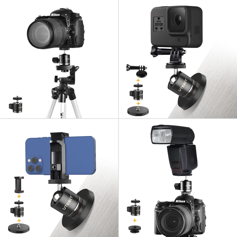 UTEBIT Magnetic Camera Mount 1/4 Screw Vertical Suction 44lb with Action Camera Adapter & Phone Holder 360° Swivel Mini Tripod Ball Head Max Load 3kg Compatible with GoPro Webcam Phone Vlogging