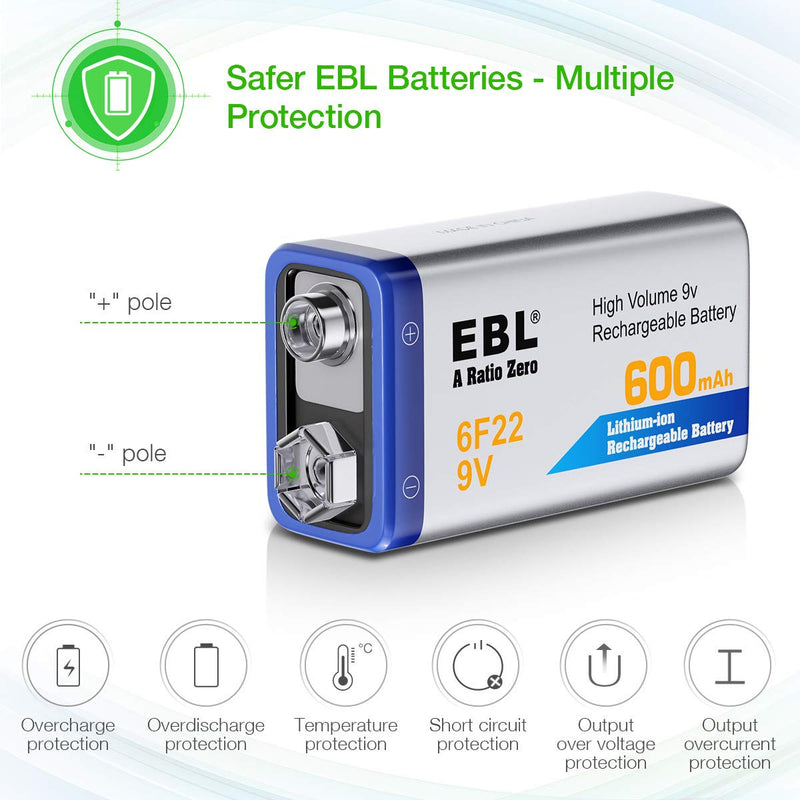 EBL 4-Pack 9V Batteries Li-ion 9 Volt Rechargeable Batteries with 9V Battery Charger