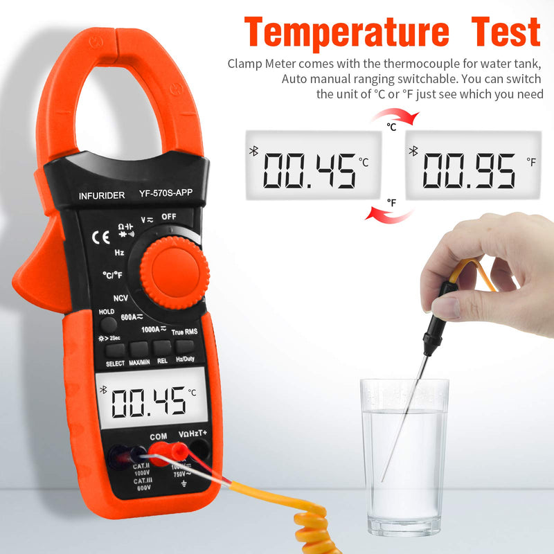 INFURIDER Digital AC/DC Volt Amp Clamp Meter,Wireless Bluetooth Auto Ranging 1000A Ammeter Clamp Multimeter for Voltage,Current,Ohm,Cap,Temperature Tester 2.YF-570S-APP AC DC Current Clamp with BT