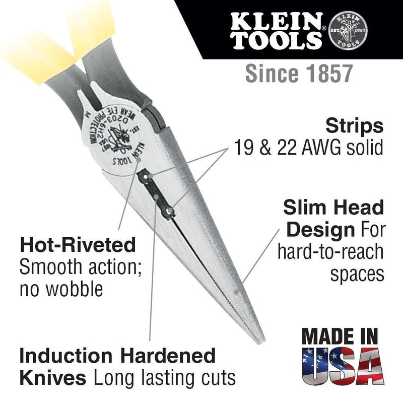Klein Tools D203-6H2 Long Nose Side-Cutter Stripping Pliers, Induction Hardened and Heavier For Increased Cutting Power, 6-Inch , Yellow