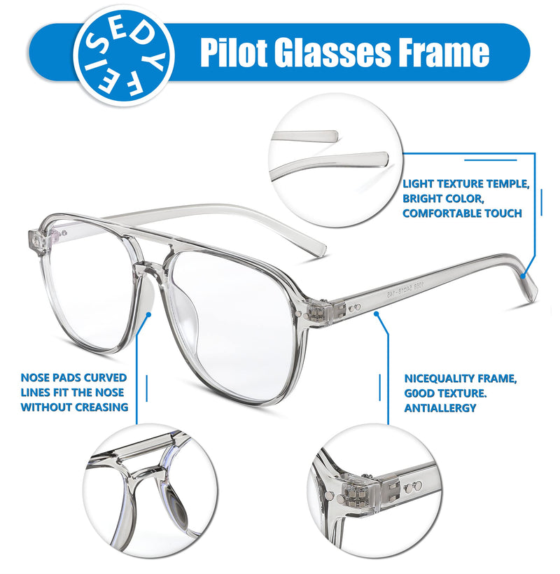 FEISEDY 70s Pilot Glasses Frame Blue Light Blocking Glasses Oversized Square Computer Glasses Women Men B2387 Clear Grey Frame 54 Millimeters