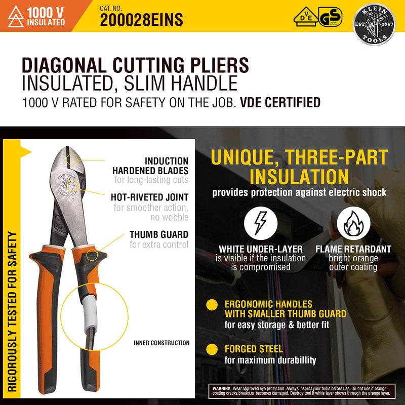 Klein Tools Diagonal Cutting Pliers, Insulated, Slim Handle 200028EINS, Orange/Gray Tapered Nose