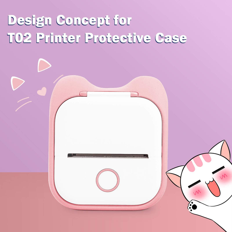 Memoking T02 Protective Case-Cat Ears Shape Soft Silicone BPA-Free Cute Design Printer Cover, Compatible with T02 Mini Bluetooth Wireless Portable Mobile Pocket Printer, Pink Cat