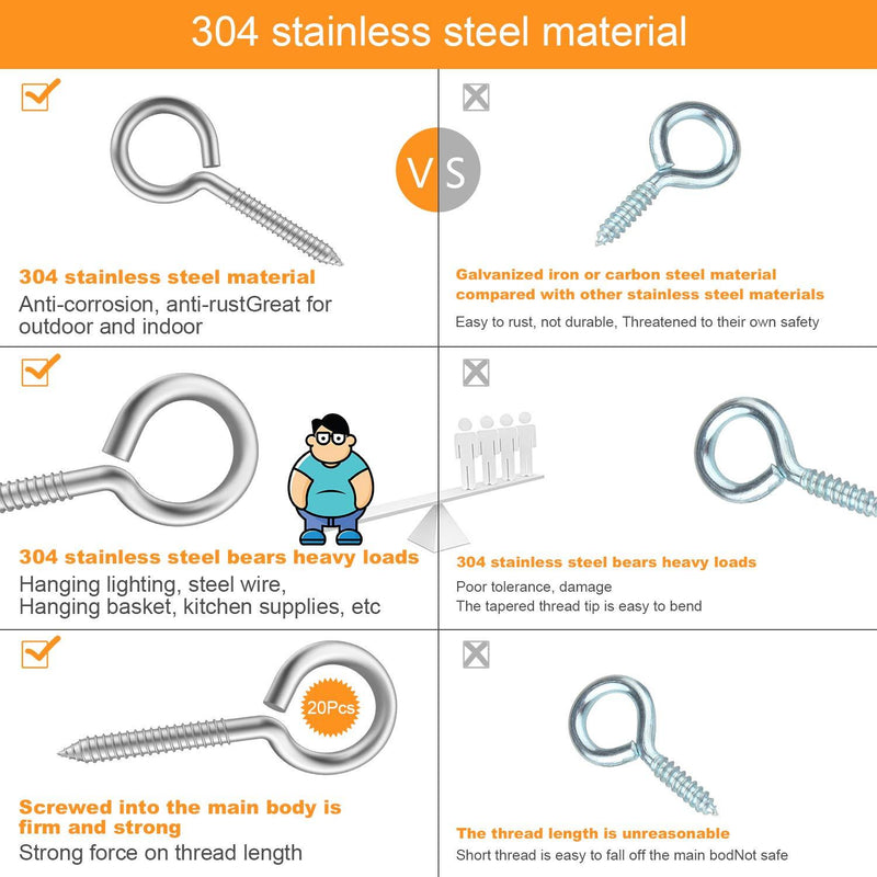 20pcs 2” 304 Stainless Screw Eyes Small Eyelet Screws Lag Eyebolt Steel Heavy Duty Hook Duty Lag Thread Eyebolt (20 pcs 2") 20 pcs 2"