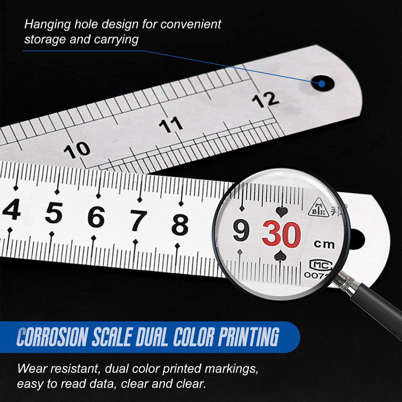 TONAUP Pack of 3 stainless steel rulers, steel ruler, double side scale, edge measuring tool, including 15 cm / 20 cm / 30 cm for engineering, teaching, office silver