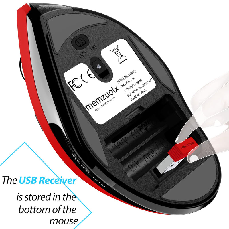 memzuoix Ergonomic Mouse Wireless Mouse, 2.4G Large Vertical Mouse USB Optical Cordless Mice with 800 / 1200 /1600 DPI, Ergonomic Computer Mouse for Laptop, PC, Desktop (for Right Hand) Red