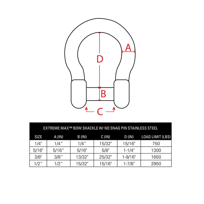 Extreme Max 3006.8408.2 BoatTector Stainless Steel Bow Shackle with No-Snag Pin - 5/16", 2-Pack 5/16"