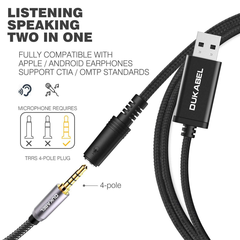 DUKABEL USB to 3.5mm Jack Audio Adapter, USB to Aux Cable with TRRS 4-Pole Mic-Supported USB to Headphone AUX Adapter Built-in Chip External Sound Card for PS4 PC PS5and More [19 inch] 19 inch/50cm