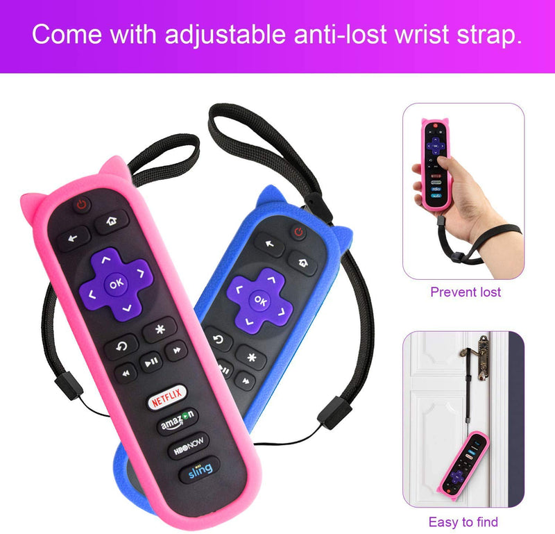 ï¼ˆPack of 2ï¼‰ Blue + Pink Silicone Protective Soft Cases Covers Compatible with RC280 TCL ROKU TV Remote Control with Wrist Strap Cute Cat Ear Shape Case only pink and blue