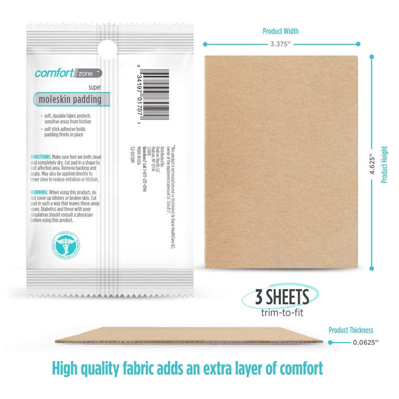Comfort Zone Super Moleskin Padding, Protects Tender Areas of The Foot from Friction, Light Brown, 3 Count, Pack of 3