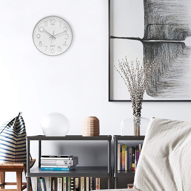 Foxtop Modern Wall Clock Silent Non-Ticking Battery Operated Round Silver Wall Clock for Office School Home Living Room Bedroom Bathroom Kitchen Decor 12 inch