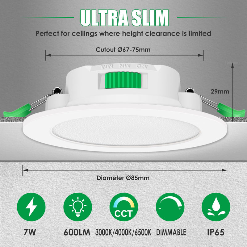 ALUSSO LED recessed spotlights 230V dimmable flat LED spots 7W IP65 ceiling spots 68mm warm white neutral white cold white recessed lights for bathroom kitchen living room, white, set of 6 round white