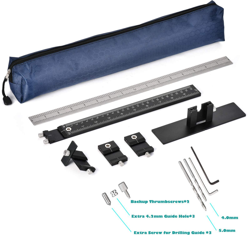 Cabinet Hardware Jig All Metal, with Φ5mm & Φ4.2mm Drilling Hole, Aluminum Alloy Cabinet Hole Drilling Template for Knob/Handle/Pull. Extra 2 Drill Bits & 1 Set of Fittings, Inch & Metric(2 Scale) Black