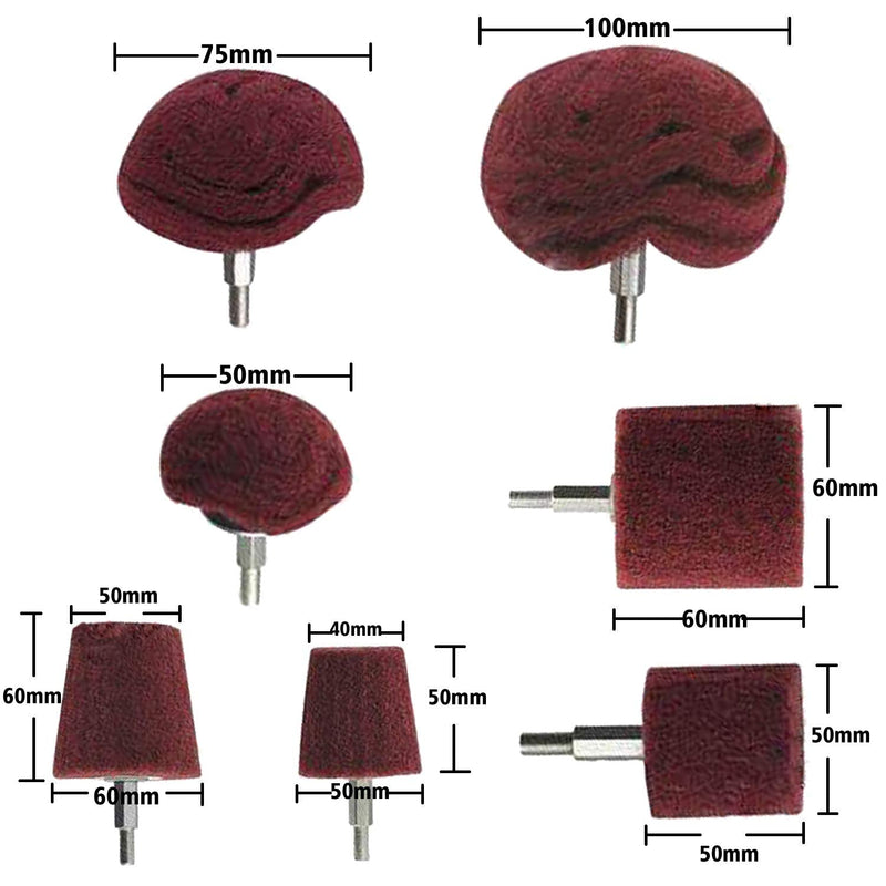 Grinding Head for Polishing Brush Shaped Scouring Pad - 7 Piece Red Fleece Grinding Drill Bit Set with 1/4" Handle for Manifold/Aluminum/Stainless Steel/Chrome etc.
