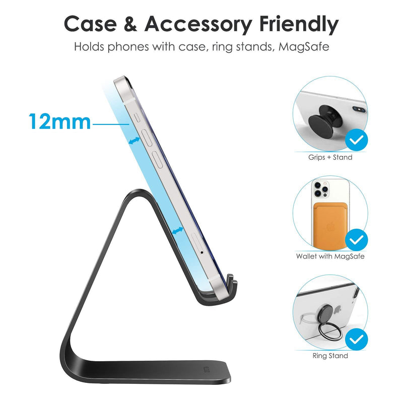 Upgraded Aluminum Cell Phone Stand, OMOTON C1 Durable Cellphone Dock with Protective Pads, Smart Stand Designed for iPhone 11 Pro Max XR XS 8 Plus 7 SE, iPad Mini, Android Phones, Black