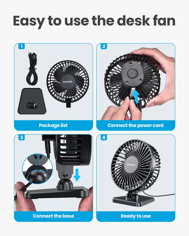 Gaiatop USB Desk Fan, Small But Powerful, Portable Quiet 3 Speeds Wind Desktop Personal Fan, Adjustment Mini Fan for Better Cooling, Home Office Car Indoor Outdoor (Black) Black