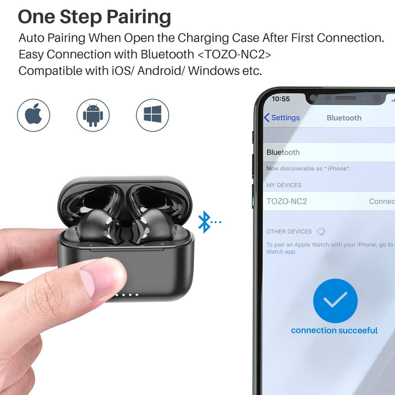 TOZO NC2 Hybrid Active Noise Cancelling Wireless Earbuds, ANC in-Ear Detection Headphones, IPX6 Waterproof Bluetooth 5.2 Stereo Earphones, Immersive Sound Premium Deep Bass Headset, Black