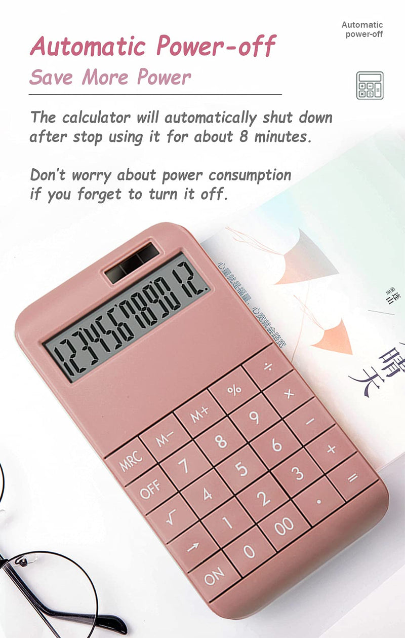 Electronic Calculators, SINLOOG 12-Digit LCD Large Display Dual Power Standard Function Solar Calculator, Big Sensitive Keys, Simple Elegant Design, School, Home, Office Calculator for Desk (Pink) Pink