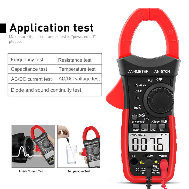Digital AC DC Inrush Current Clamp Multimeter, 6000 Counts TRMS Auto Range DMM Meter for AC/DC Volt Amp Ohm Temp Duty Hz, Multi-Tester for Voltage Current Resistance Capacitance (ANNMETER AN-570N) 6000 counts & Inrush