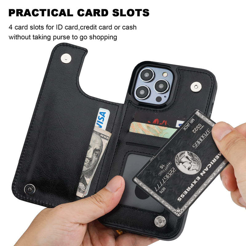 ONETOP Compatible with iPhone 14 Pro Max Wallet Case with Card Holder, PU Leather Kickstand Card Slots Case, Double Magnetic Clasp and Durable Shockproof Cover 6.7 Inch (Black) Black