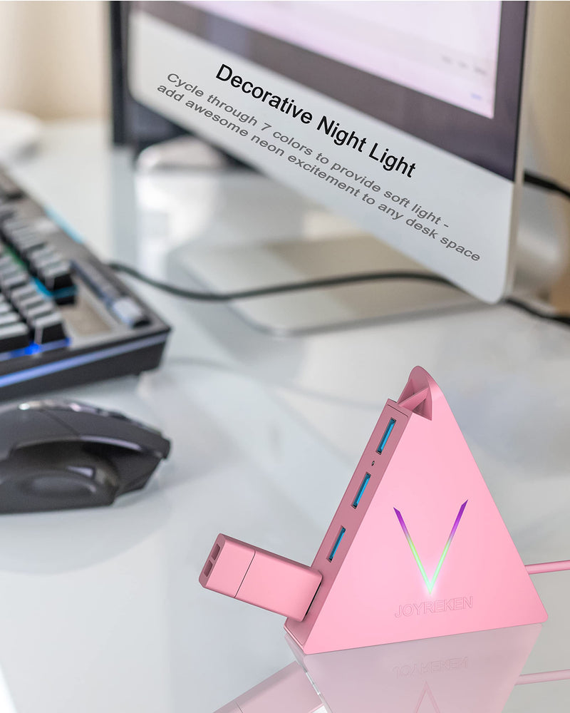 JoyReken 4-Port USB 3.0 Hub, FlyingVHUB Vertical Data USB Hub with 2 ft Extended Cable, for Mac, PC, Xbox One, PS4, PS5, iMac, Surface Pro, XPS, Laptop, Desktop, Flash Drive, Mobile HDD(Pink) Pink