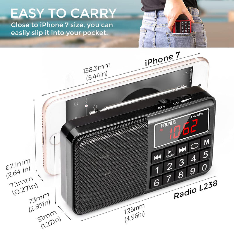 PRUNUS L-429 AM FM Portable Radio Digital Battery Operated Radio with Neodymium Speaker, SW Band, Auto Save, USB Flash Drive TF Card AUX Input MP3 Player (Black) Black