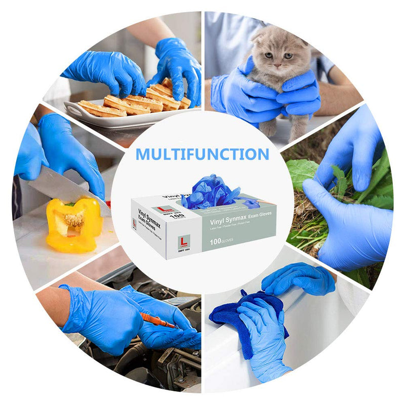 Disposable Gloves, 100Pcs Vinyl Gloves, Upgrade to Exam Blue Color, Powder Free, Latex Free, Kitchen and Food Safe - Ambidextrous (Large)