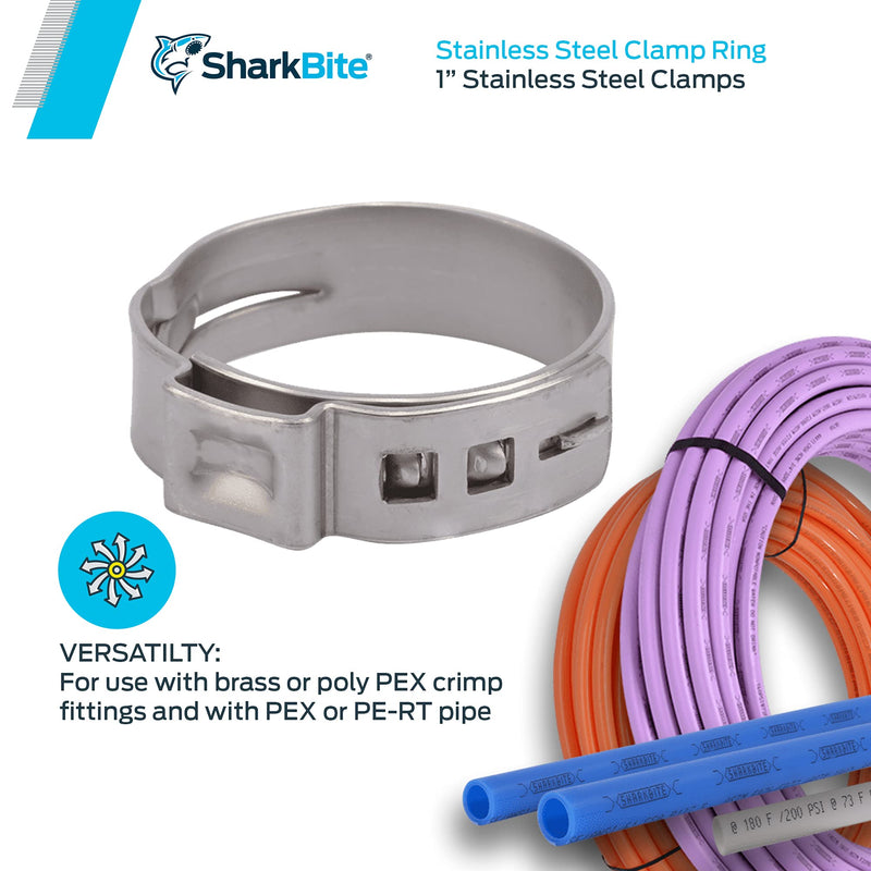 SharkBite PEX Clamp Ring 1 inch, Stainless Steel, Pack of 10, UC956A, 1", 10 Pack