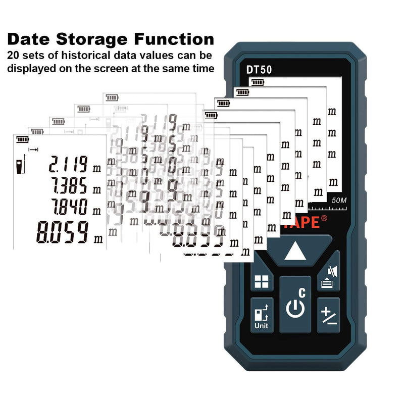 Laser Measure 165ft, DTAPE DT50Laser Distance Meter 50M, Portable Handle Digital Measure Tool Range Finder, Larger Backlit LCD 4 Line Display IP54 Shockproof