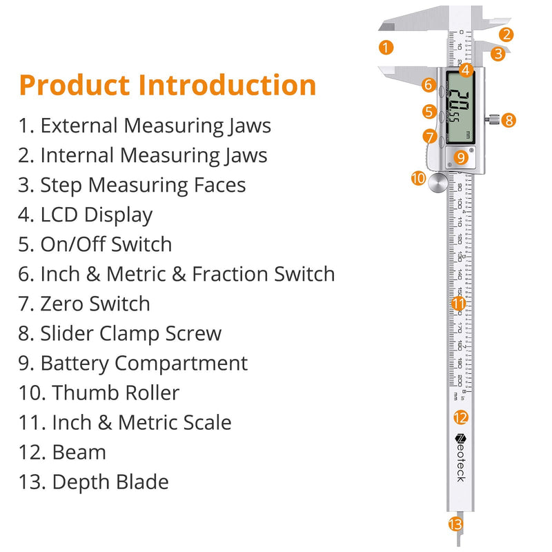 Neoteck 8 inch Digital Caliper, Stainless Electronic Calipers Measuring Tool, Fractions/inch/Millimeter Conversion - [Upgrade]