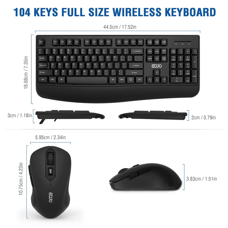 Wireless Keyboard and Mouse Combo, EDJO 2.4G Full-Sized Ergonomic Computer Keyboard with Wrist Rest and 3 Level DPI Adjustable Wireless Mouse for Windows, Mac OS Desktop/Laptop/PC black
