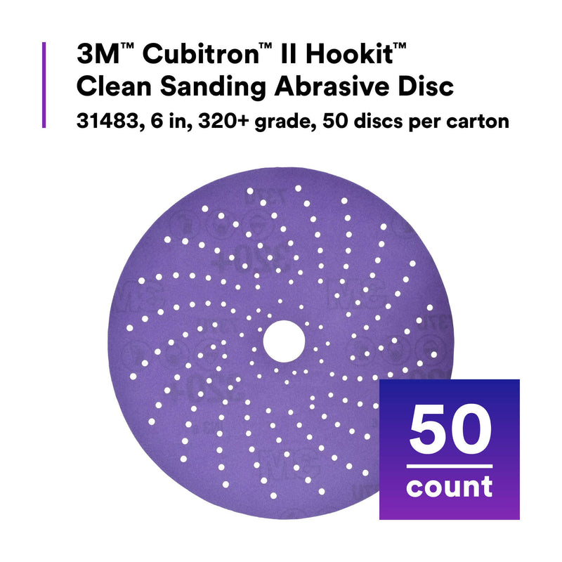 3M Cubitron II Hookit Clean Sanding Abrasive Disc, 31483, 6 in, 320+ Grade, 50 Discs per Carton, Purple