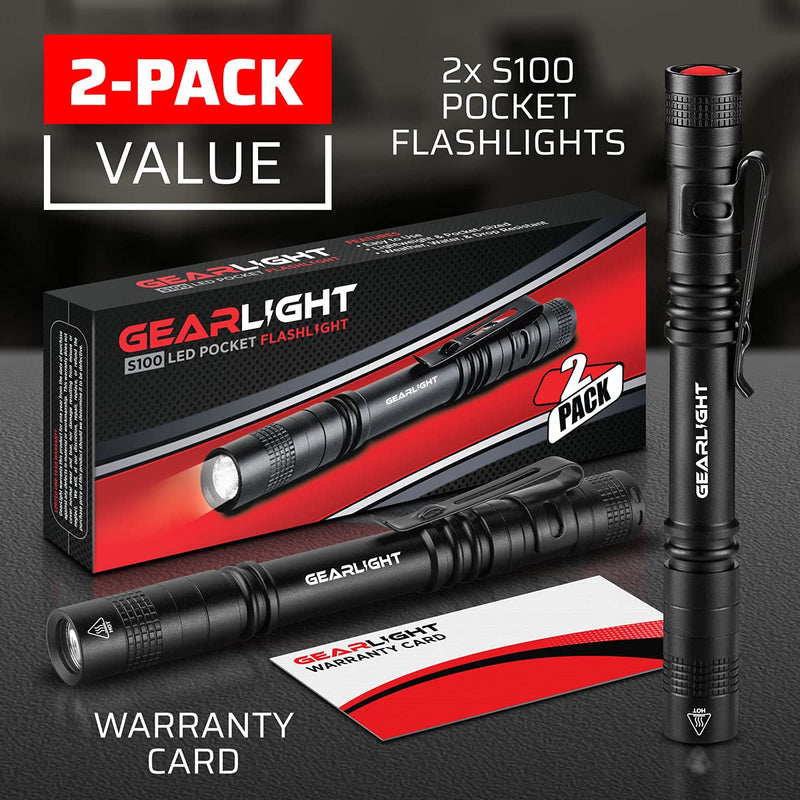 GearLight LED Pocket Pen Light Flashlight S100 [2 Pack] - Small, Mini, Stylus PenLight with Clip - Perfect Flashlights for Inspection, Work, & Repair