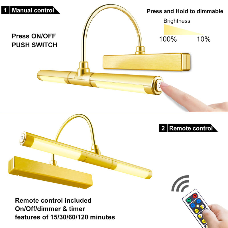 LUXSWAY Wireless Picture Light Battery Operated, Remote Control Painting Light with Rotatable Light Tube, Dimmable and Timer Off Art Display Light for Picture Frame Artworking Portrait -Orange Gold A-gold