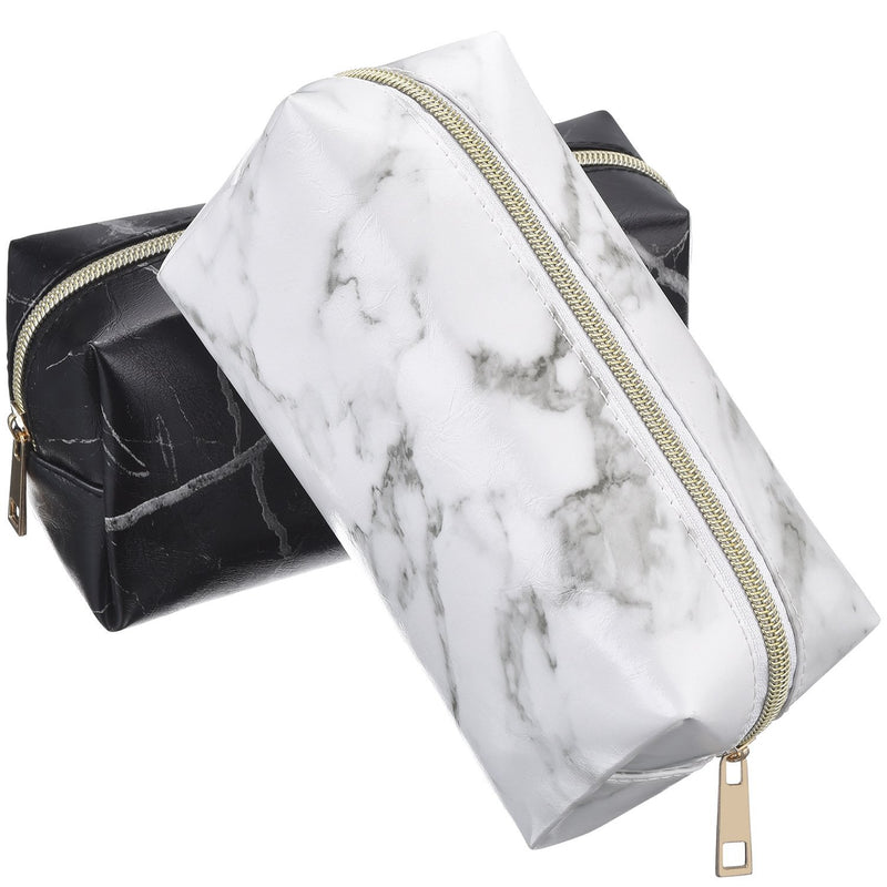 2 Pieces Cosmetic Toiletry Makeup Bag Pouch Gold Zipper Storage Bag Marble Pattern Portable Makeup Brushes Bag (S, White and Black) Small (2 Count)