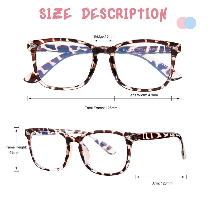 Blue Screen Glasses for Kids, COASION 3 Pack Blue Light Blocking Glasses for Girls Boys, Computer Gaming Fake Eyeglasses Anti Eyestrain (Leopard + Clear Pink + Black)