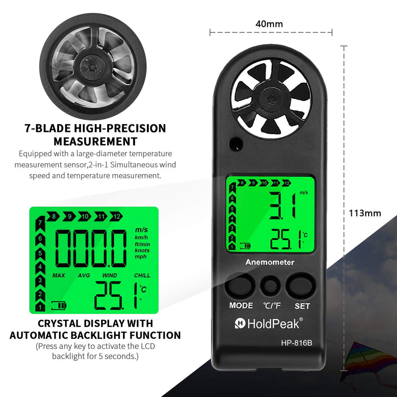 HoldPeak Anemometer Handheld HP-816B2PCS Wind Speed Meter Gauge Air Flow Velocity Measurement with Wind Chill Indication and Backlight for Windsurfing Kite Flying Shooting (Gift : Compass) 3-HP-816B*2PCS