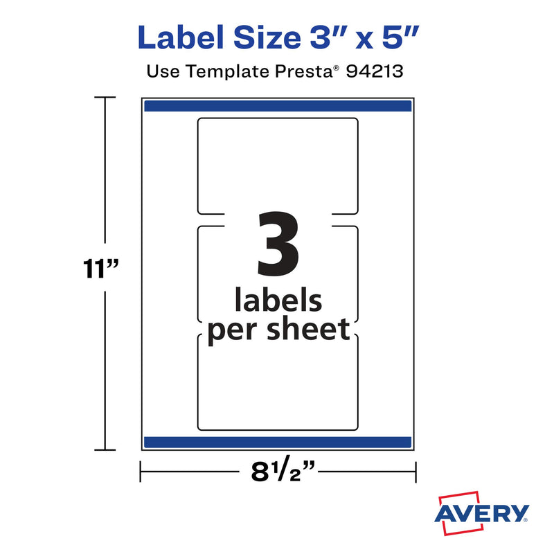 Avery Matte White Rectangle Labels with Sure Feed, 3" x 5", 75 Matte White Printable Labels 75 Labels