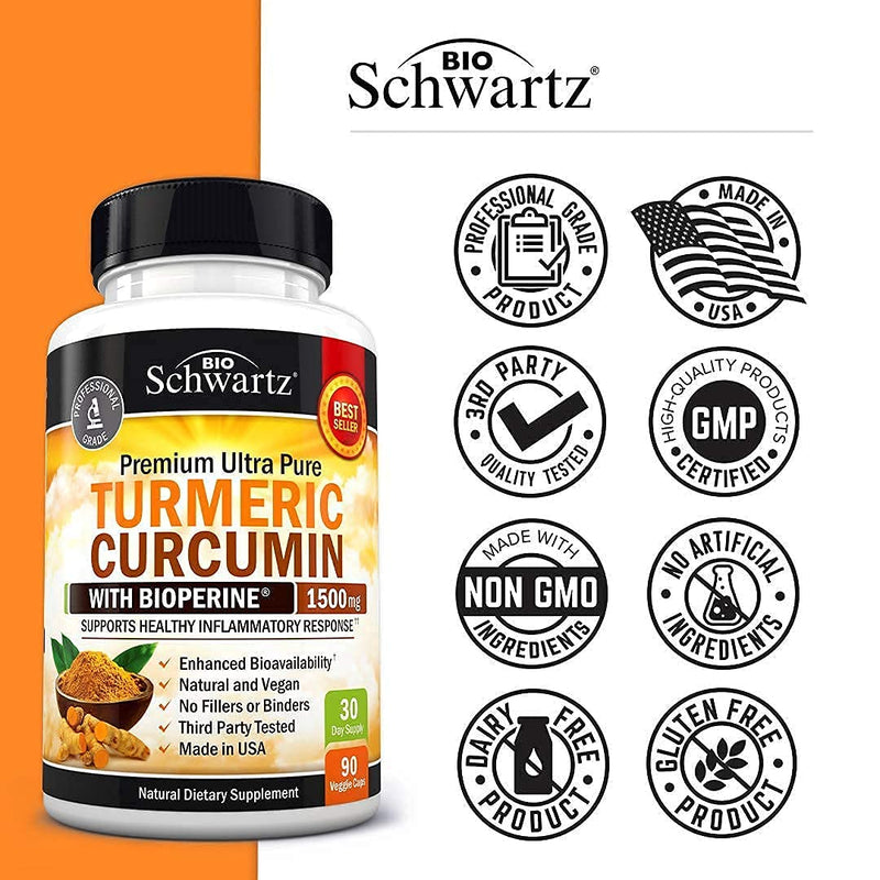 Turmeric Curcumin with BioPerine 1500mg - Natural Joint & Healthy Inflammatory Support with 95% Standardized Curcuminoids for Potency & Absorption - Non-GMO, Gluten Free Capsules with Black Pepper.