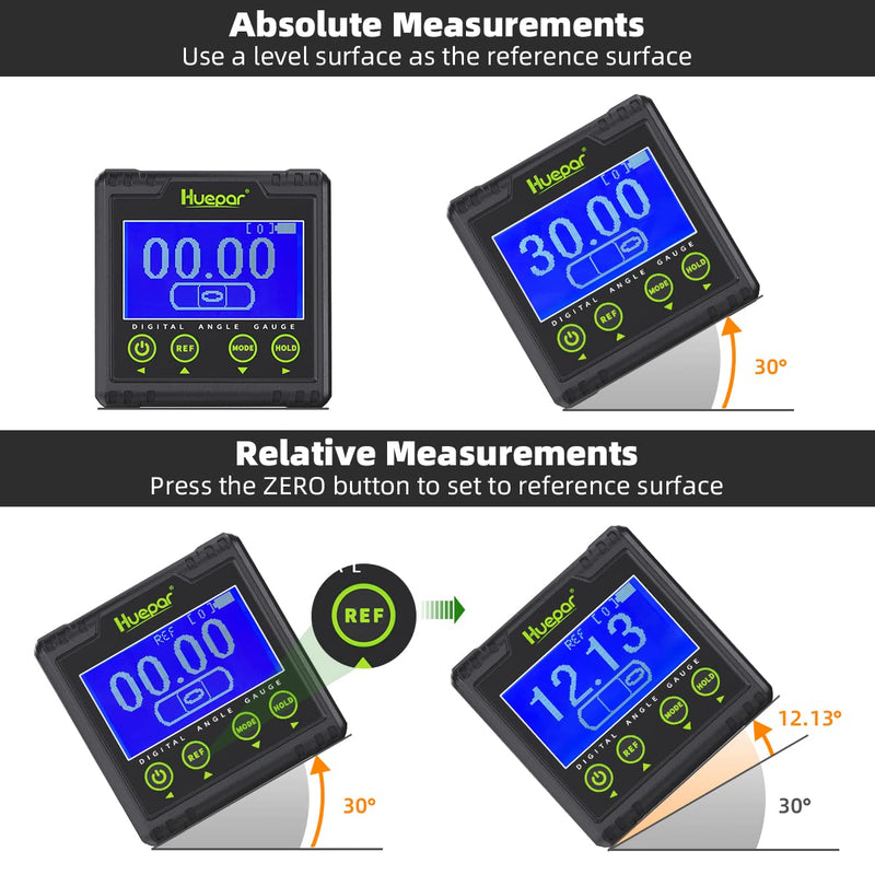 Huepar Digital Protractor, Electric Level Dual Axis Measuring Device 0.01° Resolution V-Groove Magnetic Base & LCD Inclinometer with Audible Alarm 0~360°AG03