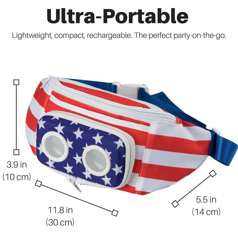 American Flag Fannypack with Speakers. Bluetooth Fanny Pack for Parties/Festivals/Raves/Beach/Boats. Rechargeable, Works with iPhone & Android. (2021 Edition)