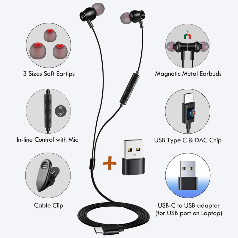 USB C Earbuds Headphones with Mic & Type-C Plug, HiFi Earphones Deep Bass, Compatible with Most Type C Mobile Devices, with USB C to USB Adapter for Computers, CGS-W1A