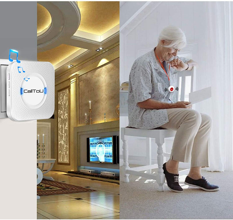 CallToU Wireless Caregiver Pager Smart Call System 2 SOS Call Buttons/Transmitters 2 Receivers/1 Steel Hand Bell Nurse Patient Help for Home/Personal Attention Pager Receiver Alert